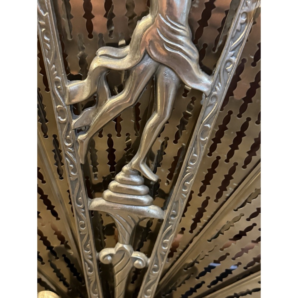 Vintage Art Deco Brass Peacock Fan Fireplace Screen Figural Filigree Goddess - Picture 5 of 16